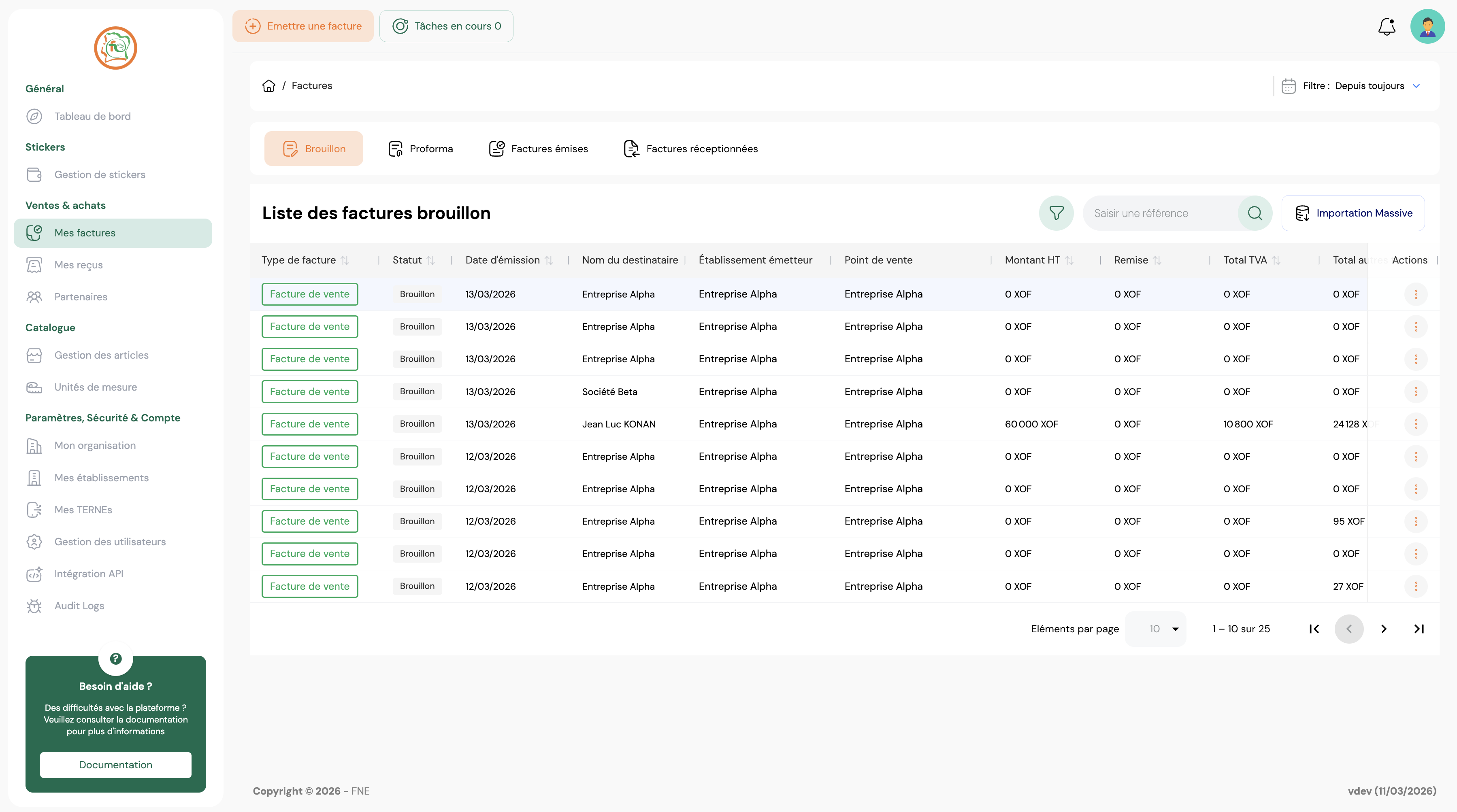 Liste des factures avec statuts
