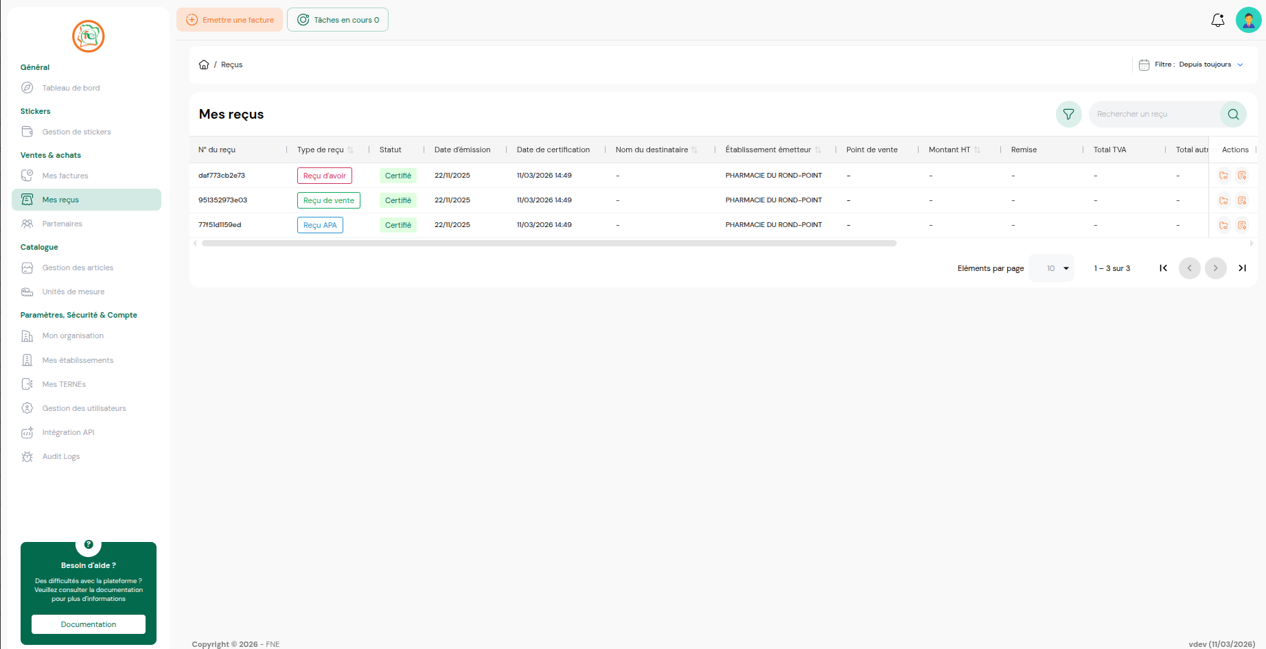 Liste des reçus normalisés
