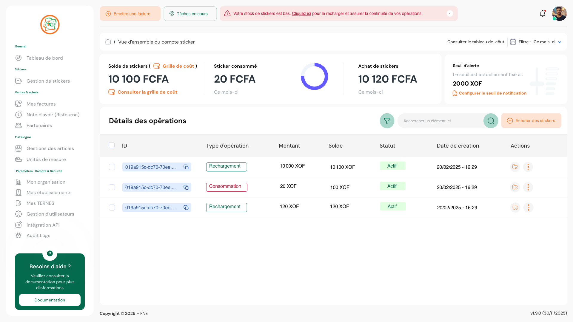 Vue du solde de stickers
